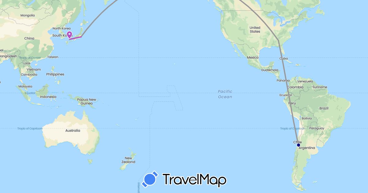 TravelMap itinerary: driving, plane, train in Chile, Japan, United States (Asia, North America, South America)